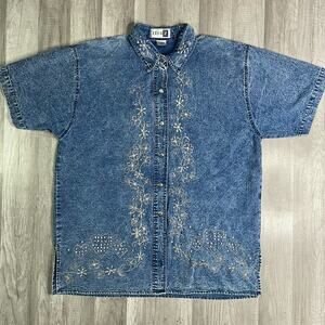 Vintage Acid Wash Embroidered Faux Pearl Denim Short Sleeve Shirt Western 18-20